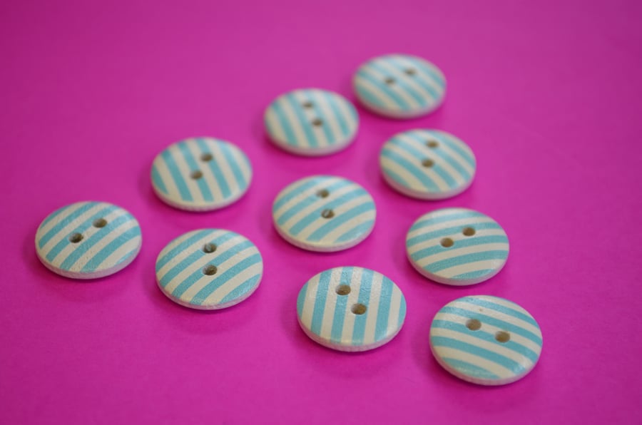 15mm Wooden Striped Buttons Sky Blue White 10pk Stripe Stripey (SST11)