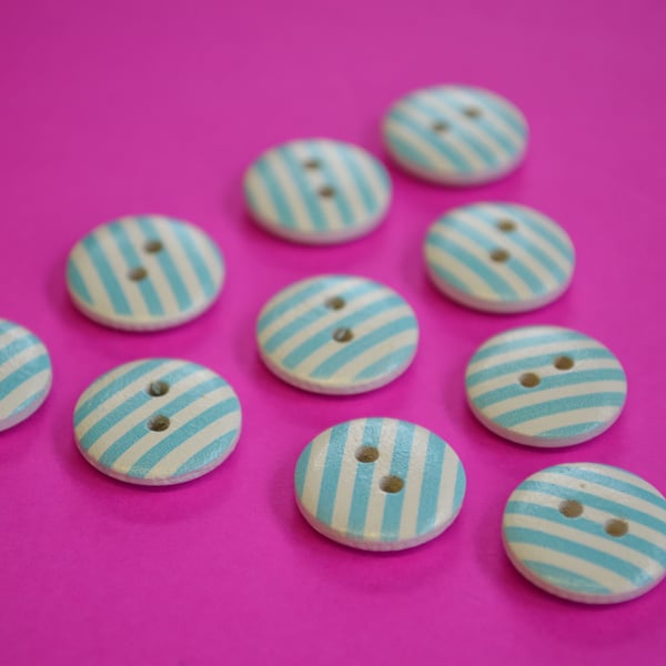 15mm Wooden Striped Buttons Sky Blue White 10pk Stripe Stripey (SST11)