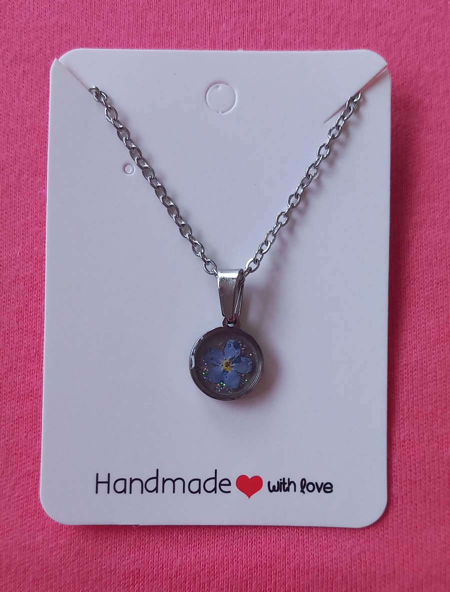 Dried flower necklace, Forget me not stainless steel necklace