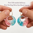 Pastel Pink & Blue Glitter Resin Donut Dangle Earrings with Gold Hoops