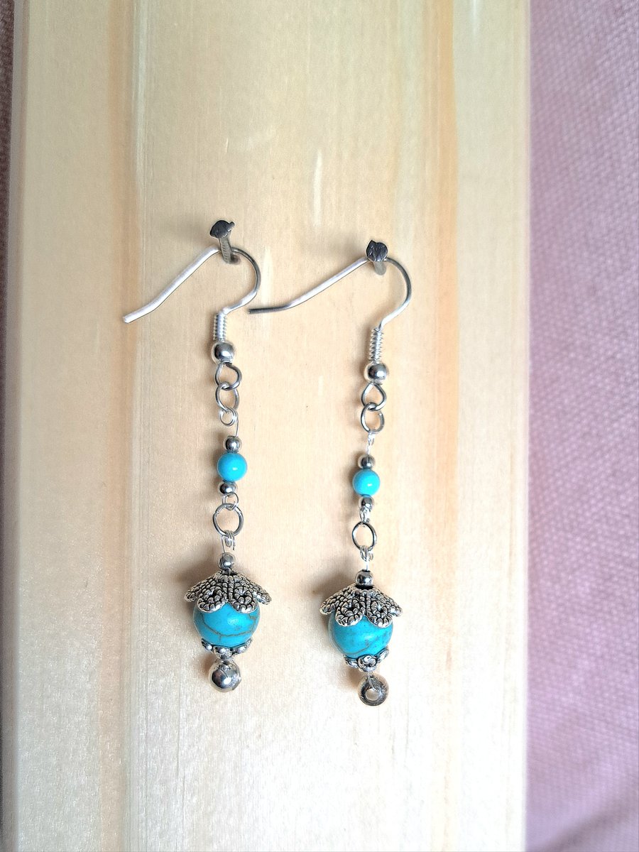 Real Turquoise beaded Earrings sterling silver Tibetan silver gemstones