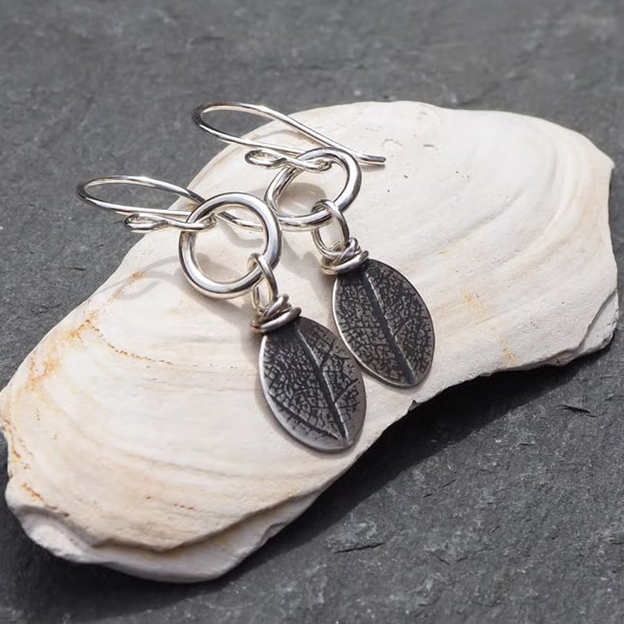 Perfectly Imperfect, Silver leaf embossed earrings, handmade silver earrings
