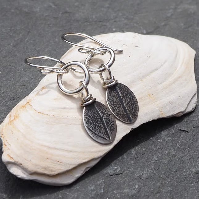 Perfectly Imperfect, Silver leaf embossed earrings, handmade silver earrings