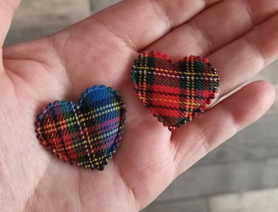 Tartan Padded Fabric Heart Embellishments. Pack Of 8. Blue And Red