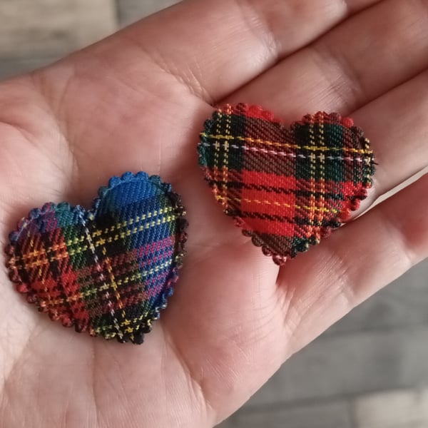 Tartan Padded Fabric Heart Embellishments. Pack Of 8. Blue And Red