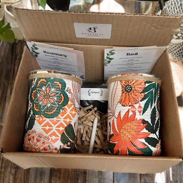 Dark green & orange geometric bloom grow your own herb garden gift set