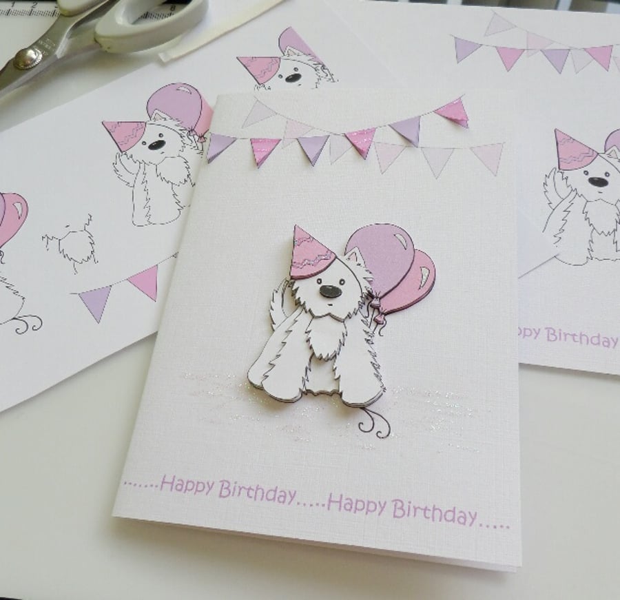 Party Westie Birthday Card - Pink and Lilac