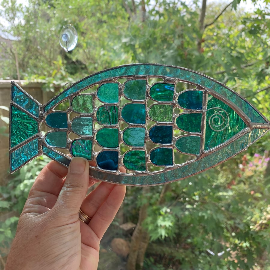 Stained Glass Fishy Suncatcher - Handmade Window  Decoration- Turq and Aqua