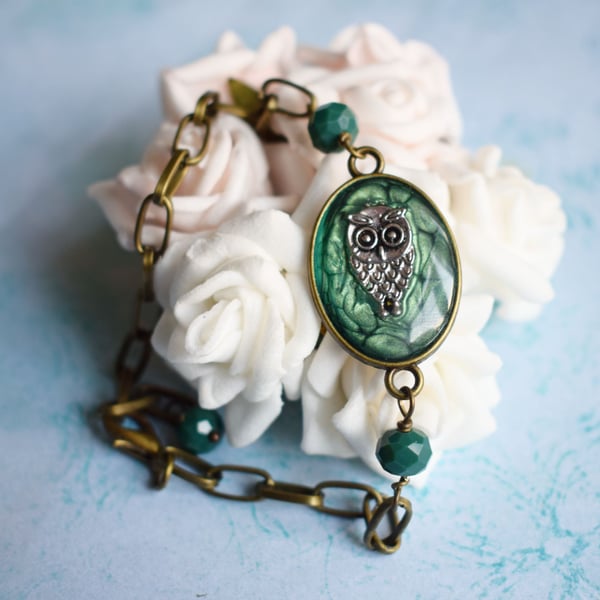 Adjustable Owl Bracelet with Green Glass Beads