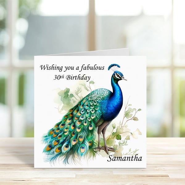 Personalised Beautiful Elegant Peacock Birthday Card. Design 10