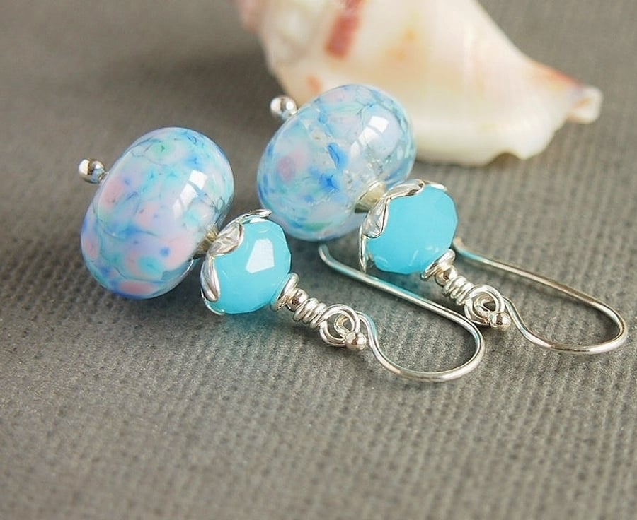 Blue Pink Aqua Artisan Lampwork Glass Bead Earrings, Sterling Silver