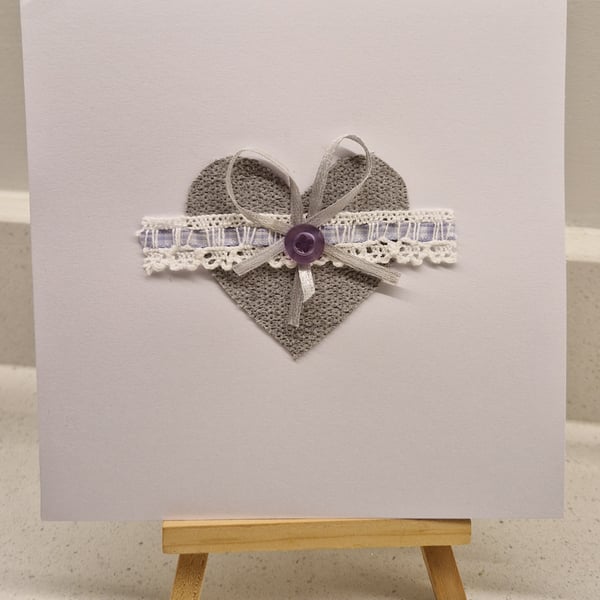 Handmade card with a single heart neutral colours fabric llilac lace bow button