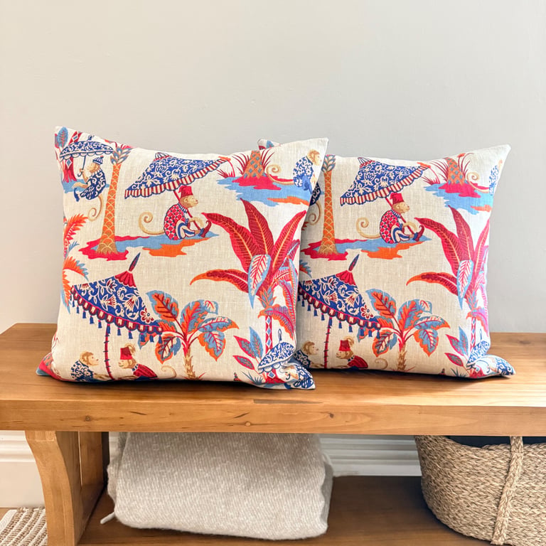 SET of 2 - Cheeky Monkey Linen & Blue Velvet Cushions