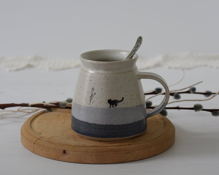 Black cat mug, ceramic mug handmade, blue and white cup, coffee mug, tea cup