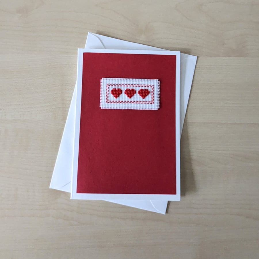 Three hearts card - Red cross stitch (design 1)
