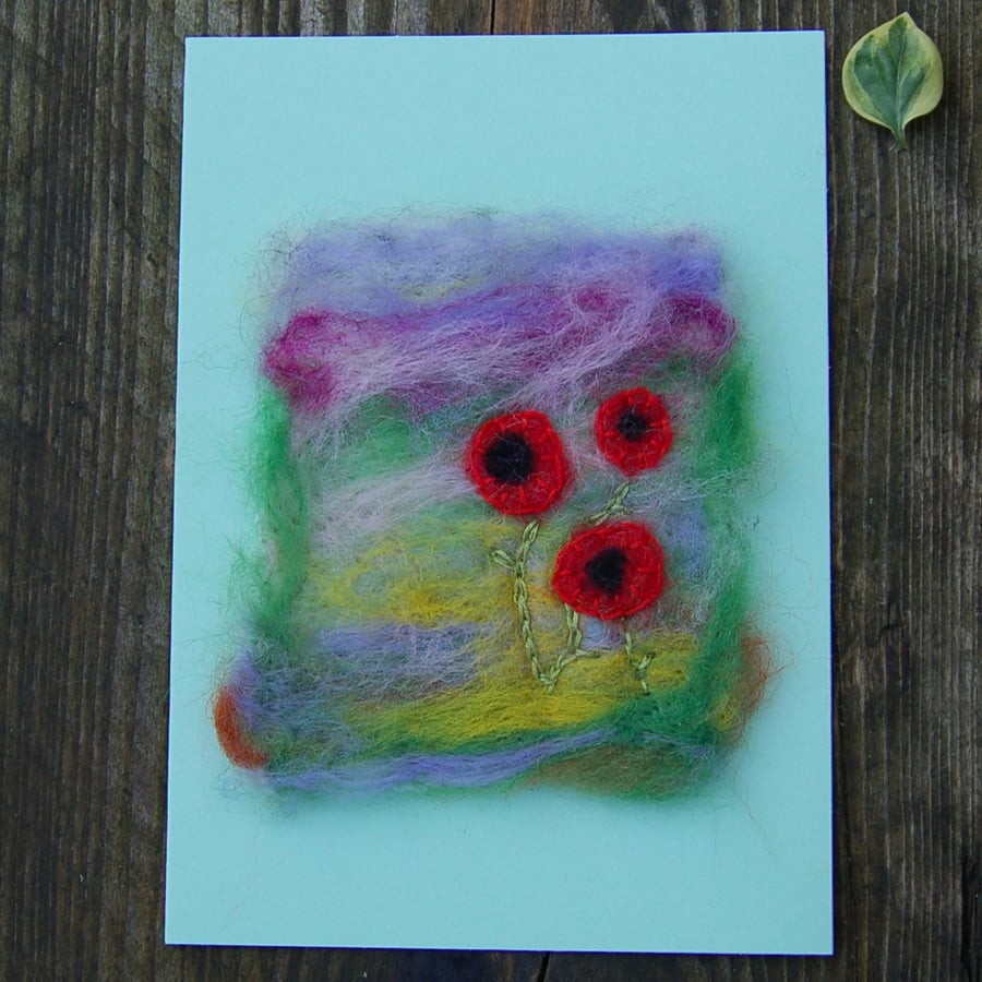 Hand Stitched Blank Greetings card, Poppies,  Needlefelt wool card