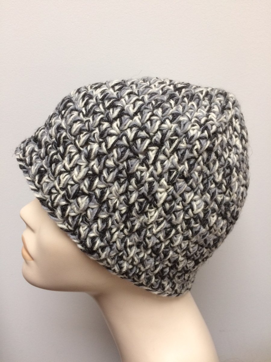 Men's Hand Crocheted Black White Grey Winter Multi Colour Beanie Hat