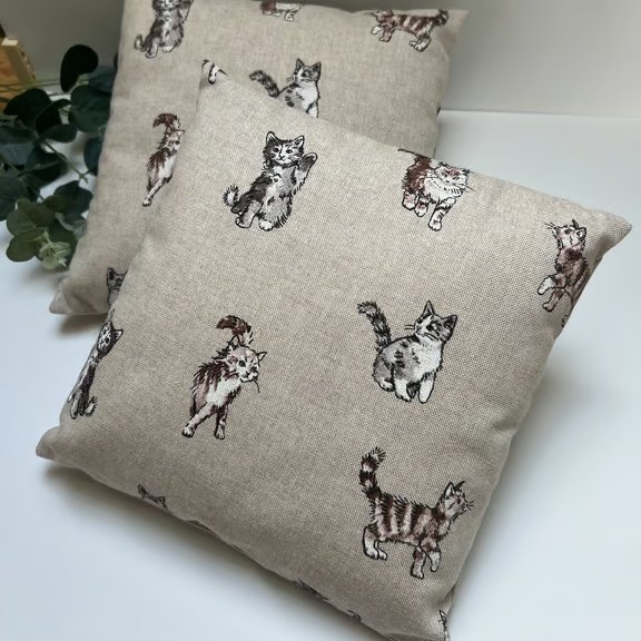 Pair of Square Mini Cushions in Cat Cotton Rich Linen Fabric - Home Decor