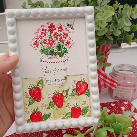 Potted Geranium and Strawberry hand-painted original framed 