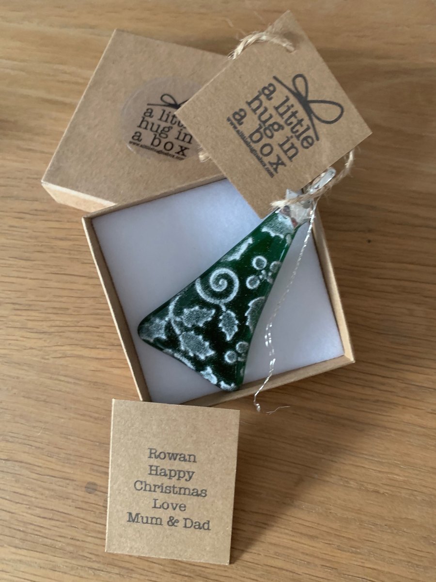 A little hug in a box fused glass embossed Christmas tree gift