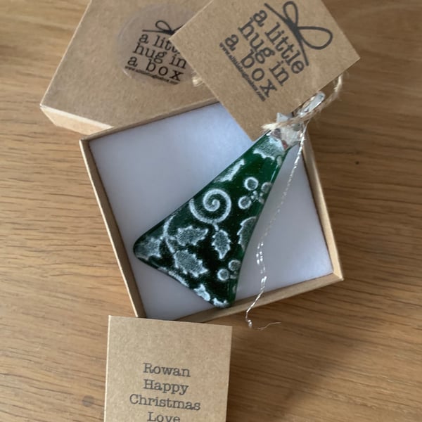 A little hug in a box fused glass embossed Christmas tree gift