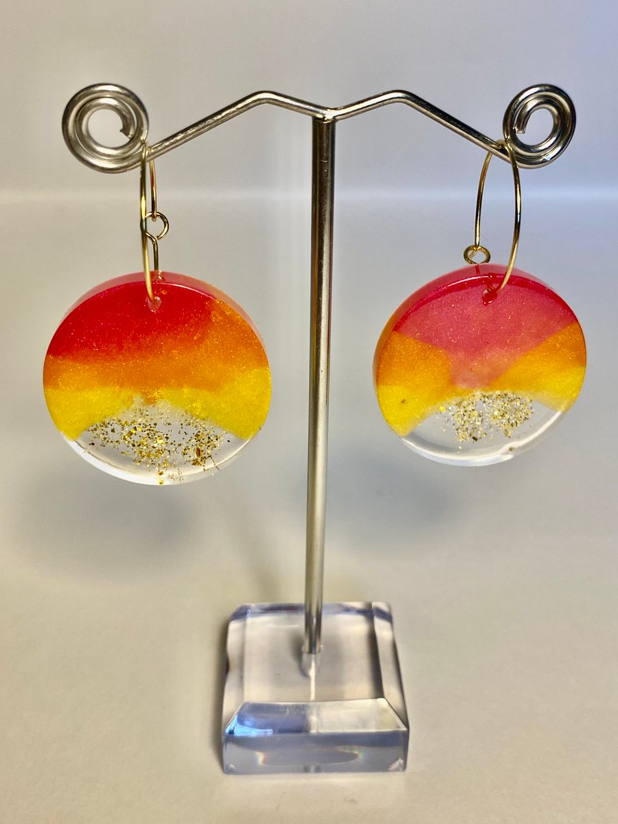 Handmade sunset resin and biodegradable gold  glitter disc hoop earrings