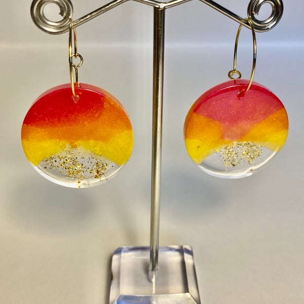 Handmade sunset resin and biodegradable gold  glitter disc hoop earrings