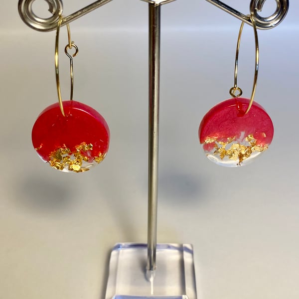 Handmade hot pink resin and recycled gold flake disc hoop earrings