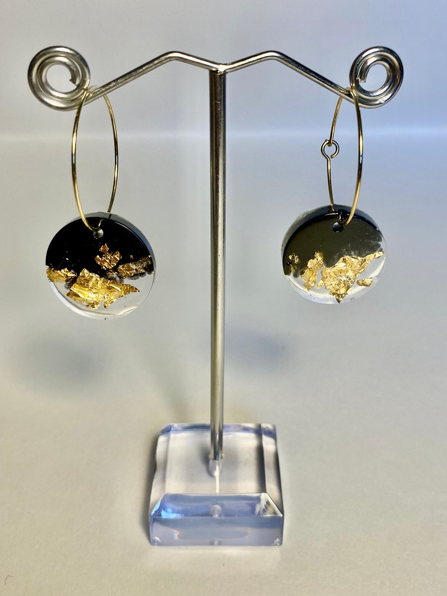 Handmade black resin and recycled gold flakes disc hoop earrings