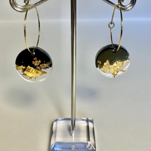 Handmade black resin and recycled gold flakes disc hoop earrings