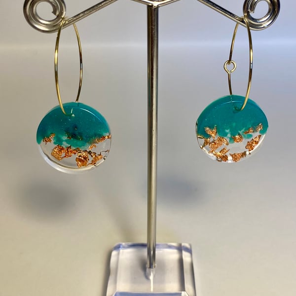 Handmade emerald green resin and recycled copper leaf  disc hoop earrings