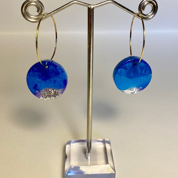 Handmade trio of blue resin and biodegradable silver glitter disc hoop earrings