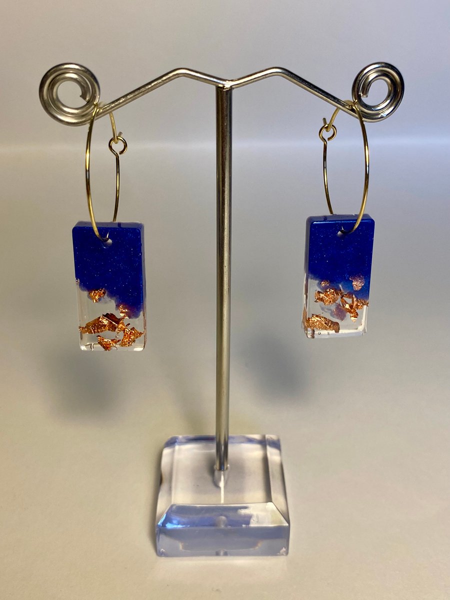 Handmade indigo blue resin and copper flake rectangle hoop earrings