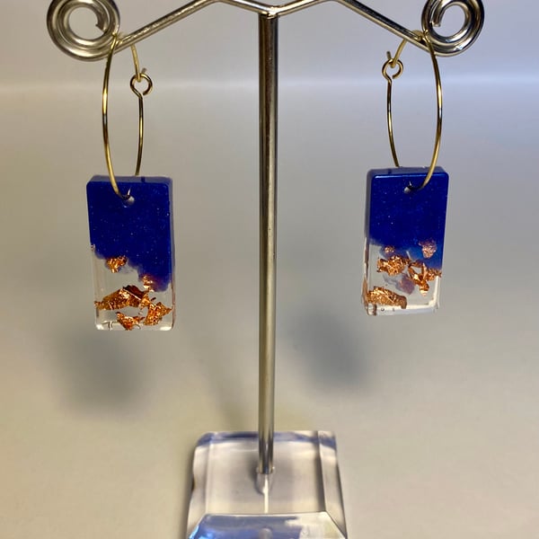 Handmade indigo blue resin and copper flake rectangle hoop earrings