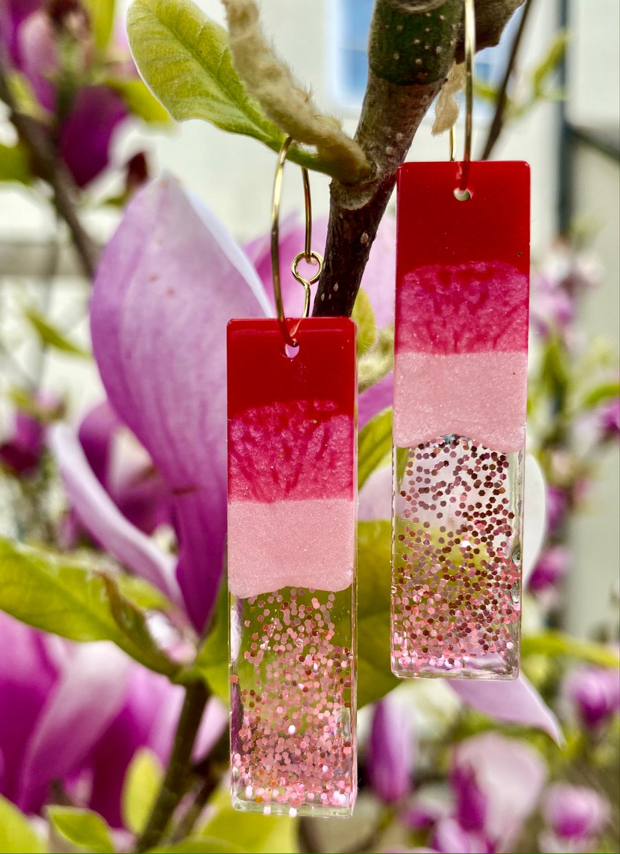 Handmade magenta pink resin and pink glitter rectangle hoop earrings