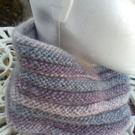 Handknit Pure Wool Textured Circular Cowl in Pastel purple and grey mix