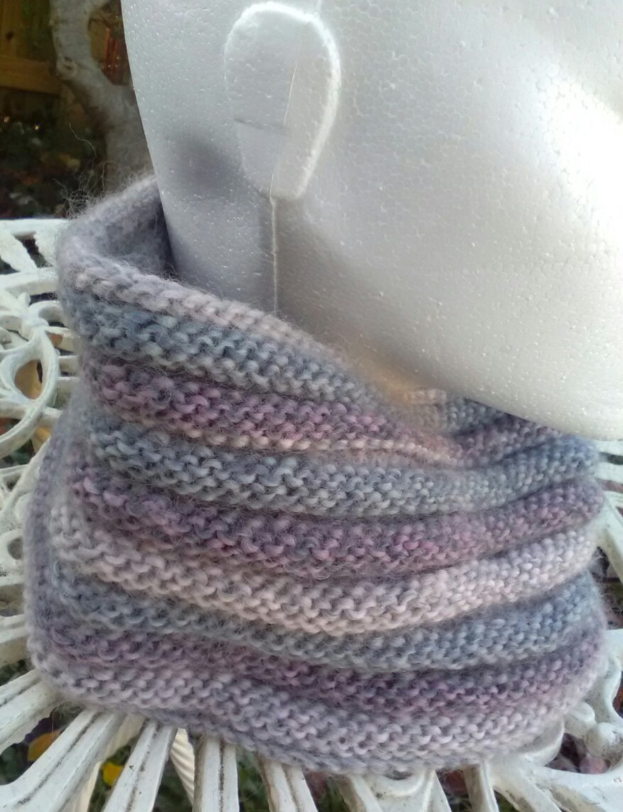 Handknit Pure Wool Textured Circular Cowl in Pastel purple and grey mix