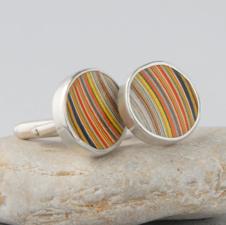 Retro sterling silver and fordite (Dagenham agate) cufflinks