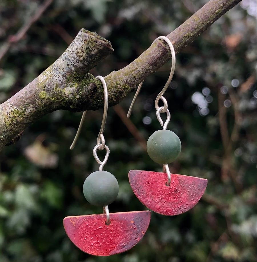 Red Half Moon Earrings with Green Agate Bead 