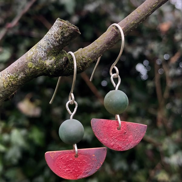  Red Half Moon Earrings with Green Agate Bead 