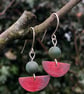 Red Half Moon Earrings with Green Agate Bead 