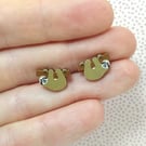 Sloth Wooden Earrings, Animal Studs, Silver Plated or Sterling Silver Backs