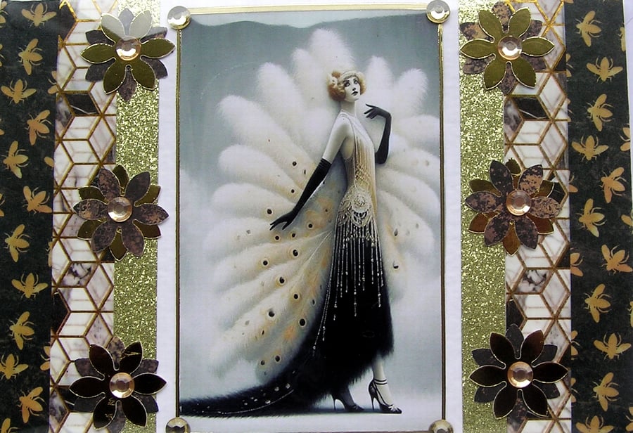 Art Deco Style Lady - Hand Crafted Decoupage Greeting Card - Blank 3282