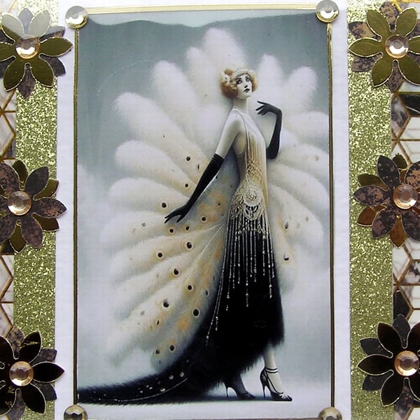Art Deco Style Lady - Hand Crafted Decoupage Greeting Card - Blank 3282