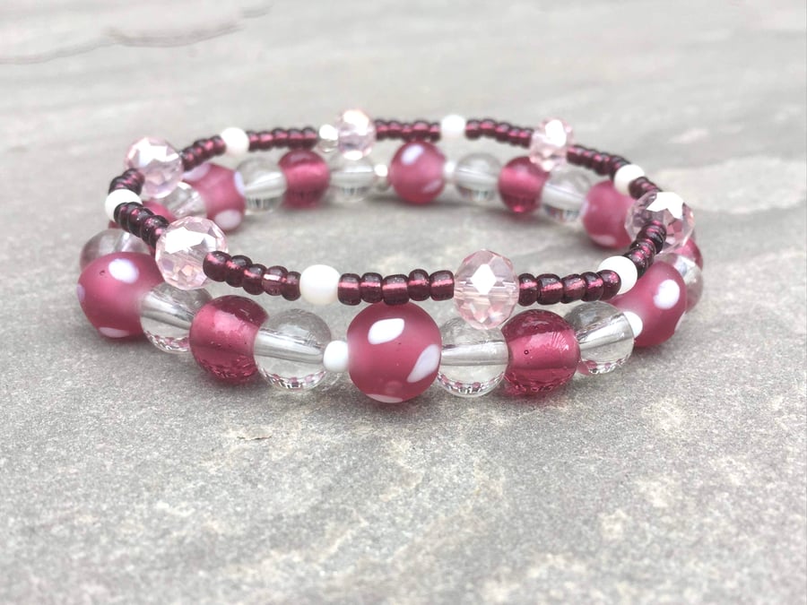 Raspberry Pink Elasticated Glass Beaded Bracelet Set