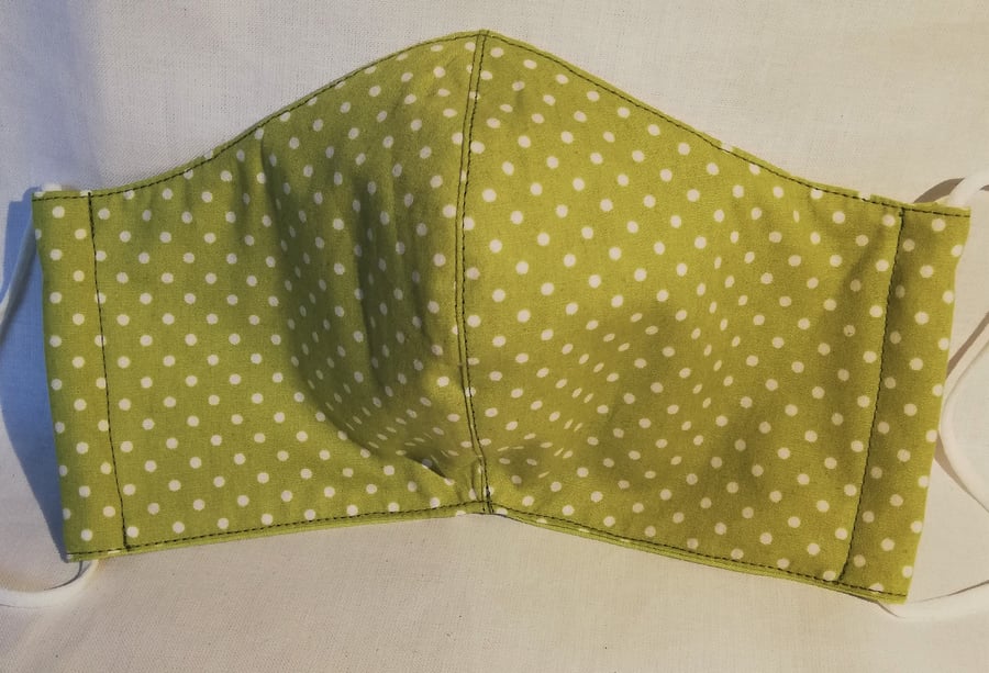 Face mask reusable triple layer 100% cotton lime green with white spots