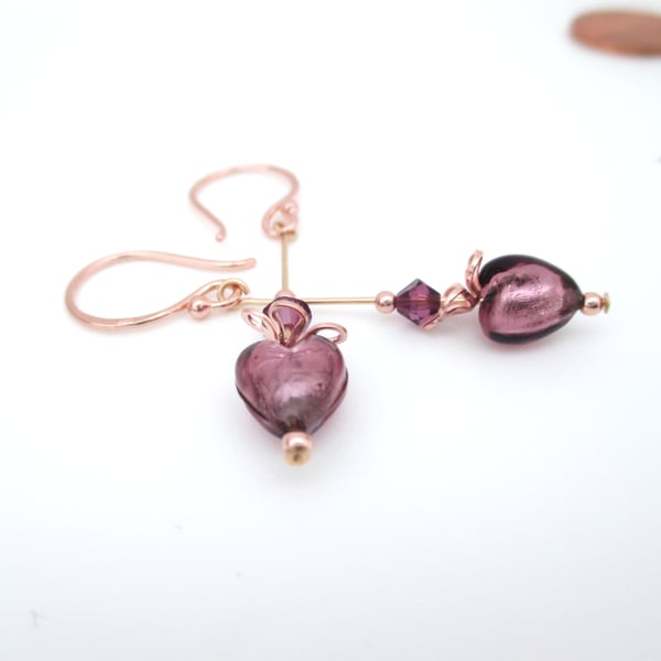 Rose Gold Amethyst Heart Earrings Venetian Murano Glass & Rose Gold plated Ag 