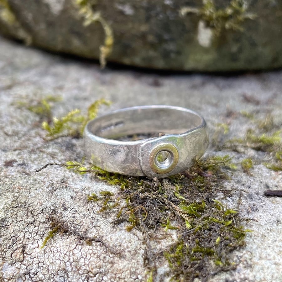 Rivet ring sterling silver and 18ct gold uk size S and a half