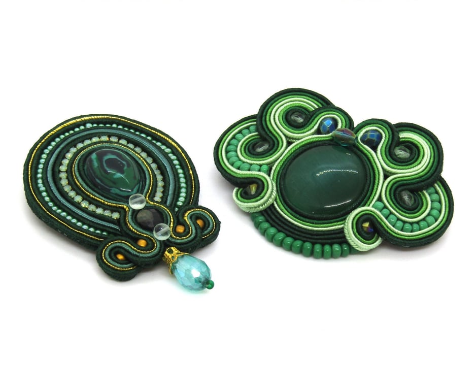 Green Soutache Brooch Malachite Statement Brooch Handmade Textile Brooch Gift 