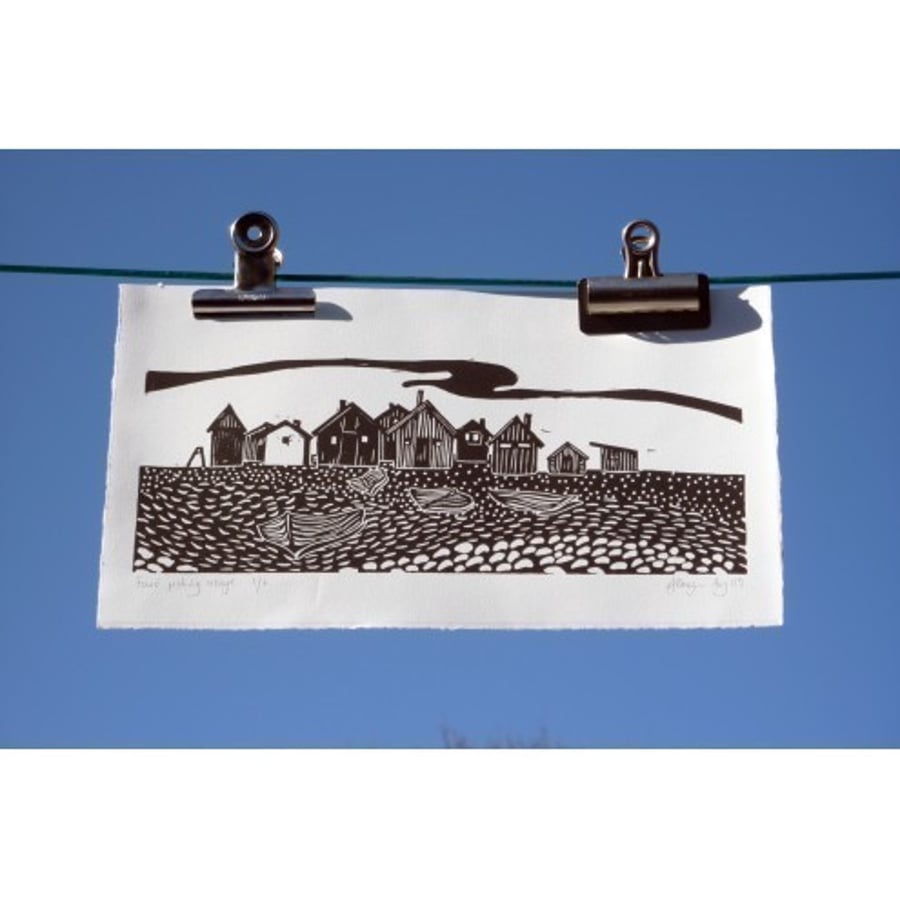 Original lino cut print "Fishing huts on Faro"